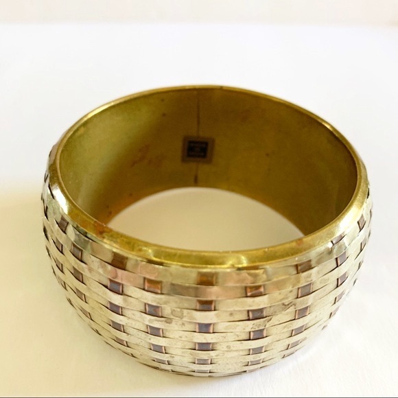 Huge Bold Vintage Silver Brass Copper Bangle Bracelet Statement Pc - Picture 3 of 7